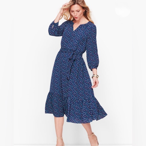 Women’s Talbots Anchor Print Flounce Hem Fit & Flare Notch Neck Dress Size 4 - Picture 1 of 16